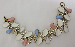 Vintage Gold Tone Pastel Faux Glass Stone and White Enamel Link Bracelet 7 1/2″