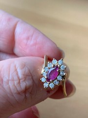 VINTAGE 14K YELLOW GOLD RED NAVETTE MARQUISE CUT GENUINE RUBY AND DIAMONDS RING