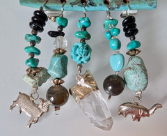 Turquoise Color Chatelain Brooch with Turquoise Nuggets and Crystal Artisan Made