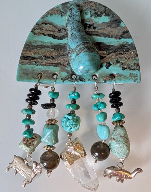 Turquoise Color Chatelain Brooch with Turquoise Nuggets and Crystal Artisan Made