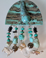 Turquoise Color Chatelain Brooch with Turquoise Nuggets and Crystal Artisan Made