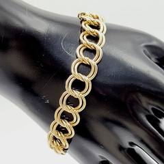 Fancy Double Circular Link Fancy Curb Shiny Gold Tone Vintage Chain Bracelet