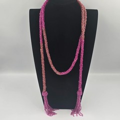 Vintage Sautier Necklace Flapper Style Lariat Pink Orange Beaded Tassel 54”