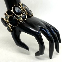 Fashion Oval Gem Cluster Chunky Cuff Black Smokey Deep Green Stretch Bracelet 9”