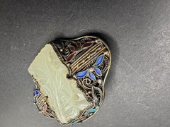 Antique Silver Cloisonne Carved Green Jade Pin/Brooch