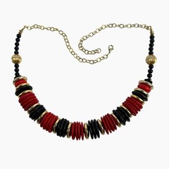 Vintage Artisan Beaded Necklace Chunky Red Black Gold Disc Wood Acrylic Metal
