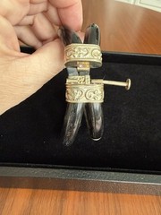 Vtg. Horn & Bone Hinged Bangle Bracelet w Repoussé Metal Pin Clasp