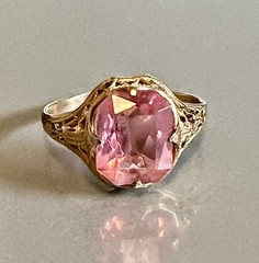 Art Deco Vtg Filigree Pink Cushion Jewel Ring 14K RGP Gold Clark & Coombs 7.5