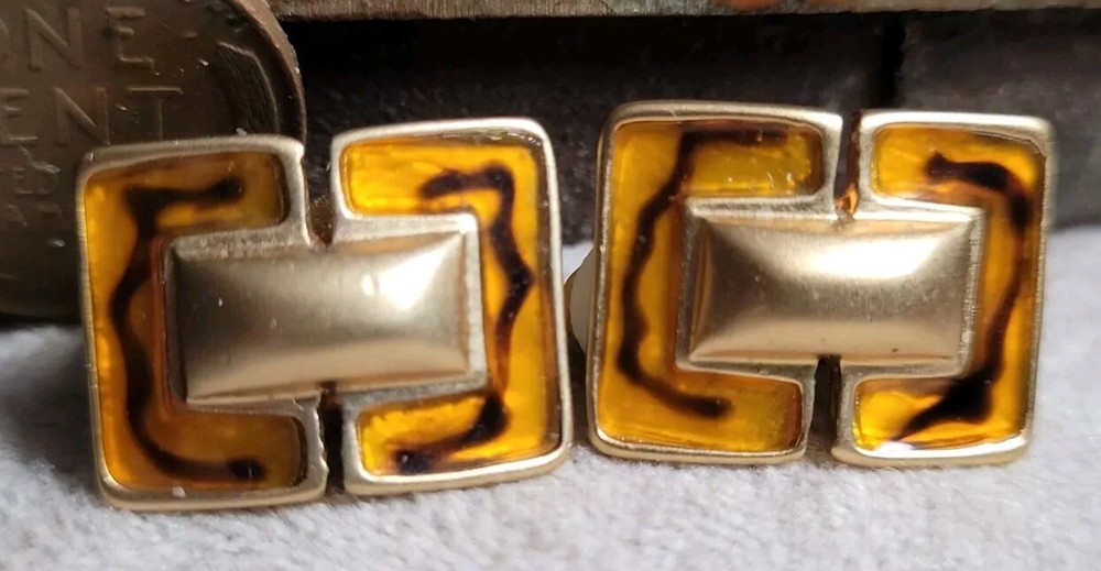 Vintage Costume jewelry clip on earrings 1980s 1990s Gold Tone W/ Orange Enamel