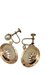 Vintage Pinwheel Faux Pearl Drop Screw Back Earrings Dangle Etched Gold Plated