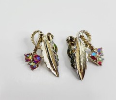Vintage Judy Lee Signed Gold Tone Rhinestone Bracelet And Clip On Earrings Leaf
