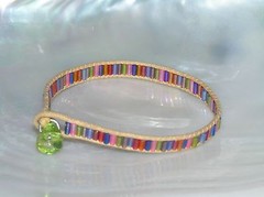 Estate Tan Cord with Rainbow Glass Tubular Beads Bracelet with Button Clasp –