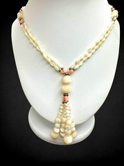 Antique Art Deco Mother of Pearl Angel Skin Coral Sautoir Necklace Fringe Tassel
