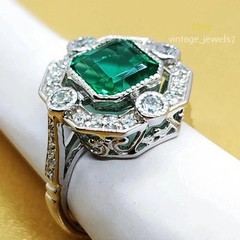 Asscher Cut 4CT Real Emerald Art Deco Vintage Halo Cocktail Ring 14K Gold Finish