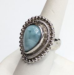 Blue Stone Teardrop Cocktail Beaded Edge Statement Ring Sz 8.25 Silver Tone