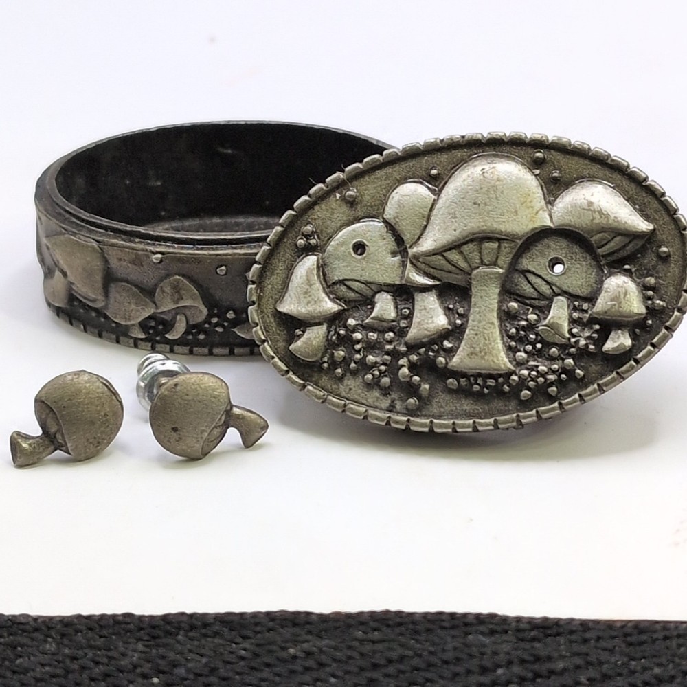 Vtg JJ Jonette Pewter Mushroom Trinket Box Brooch Pin Matching Earrings Signed