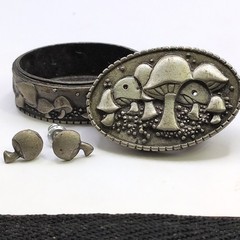 Vtg JJ Jonette Pewter Mushroom Trinket Box Brooch Pin Matching Earrings Signed