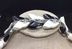Vintage Costume Wide Black & White Plastic Stone Bracelet 7″ E741