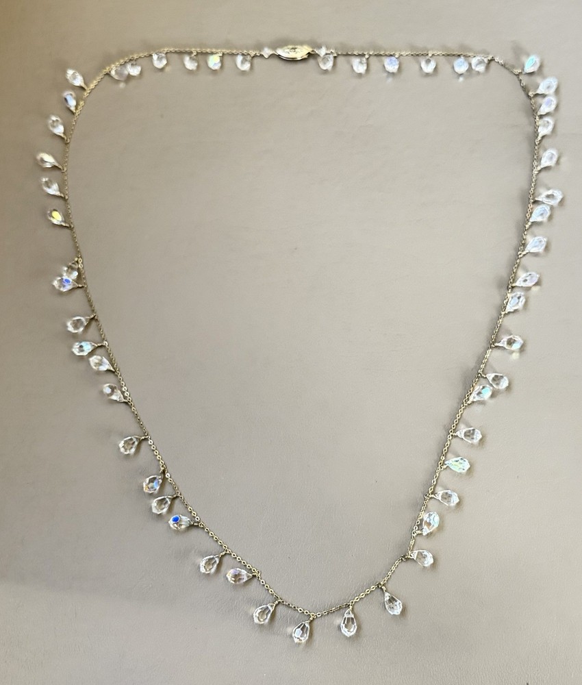 14kt Gold Filled Station Necklace AB Iridescent Crystal Glass Dangle Beads 32in