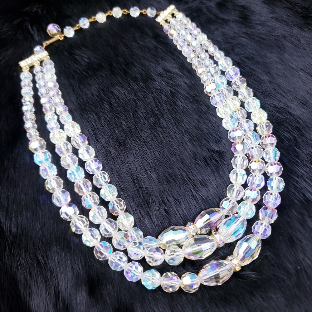 Vintage 1950s 3 Strand Aurora Borealis AB Necklace Choker Alice Caviness