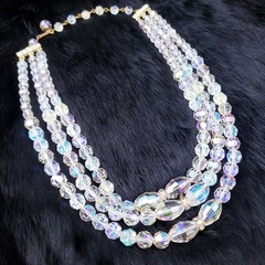 Vintage 1950s 3 Strand Aurora Borealis AB Necklace Choker Alice Caviness