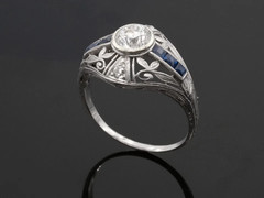 Bezel Set Old Mine Cut Moissanite With Blue Sapphire Floral 925 Silver Ring