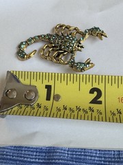Vintage Rhinestone Scorpion Figural Brooch Aqua Teal Crystal Antiqued Gold Tone