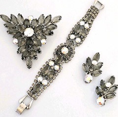 Vintage Bracelet Brooch Earring Set Smoky Gray AB Rhinestone Silver Tone