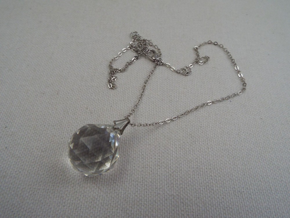 Silvertone Crystal Glass Prism Ball Pendant Necklace