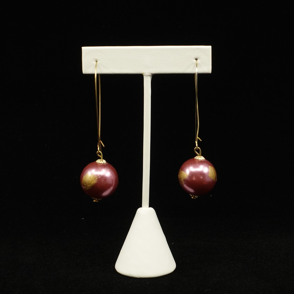 70s Brass and Enamel Burgundy Round Orb Dangle Earrings