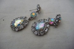 AB FACETED GLASS TEAR DROP W RHINESTONES DANGLE DROP #9/3A PIERCED EARRINGS