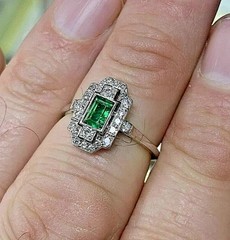 Art Deco Style Green Emerald & Lab Created Diamond Engagement 925 Silver Ring