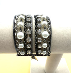NY Bracelet Multiple Strand Faux Pearl Rhinestones Chains Brutalist Jewelry