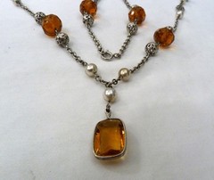 ANTIQUE VINTAGE ART DECO CZECH BEZEL-SET CITRINE GLASS FAUX PEARL BEADS NECKLACE
