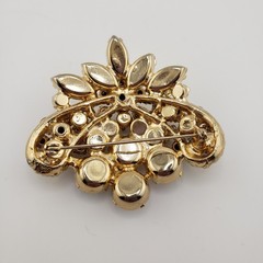 Vintage Rhinestone Brooch Aurora Borealis Yellow Marquise Gold Tone Fan Shape