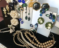 Vintage Blue/Green/Gold Jewelry Mix Lot Earrings Necklace RS Beads Glass Enamel