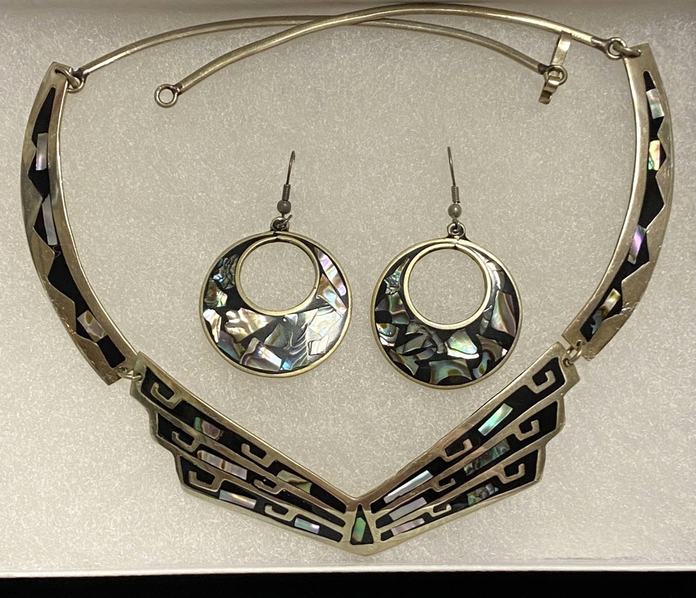 Vintage Alpaca Mex. Abalone Shell Necklace & Earring Set