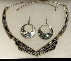 Vintage Alpaca Mex. Abalone Shell Necklace & Earring Set