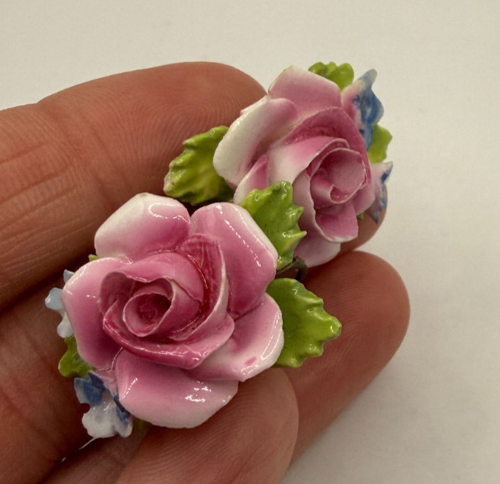 Pink Ceramic Rose Flower Floral Earrings Screw Back Made in England Vintage