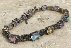 ✨💐🛍️Vintage 925 STERLING SILVER COLORFUL Multi GEMSTONE 💎 MARCASITE Bracelet✨