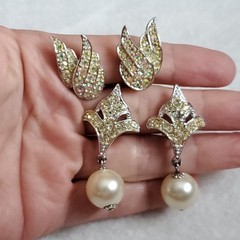 Vintage Clip On Earrings AB Rhinestone Pearl Sarah Cov Unsigned 6 Pair