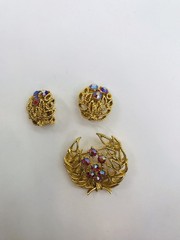 Vintage Lisner Signed Goldtone Brooch and Clip Earrings Rhinestone AB Set