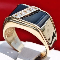 14k yellow gold ring 0.16ct diamond onyx size 8.5 vintage handmade 9.8gr N2303