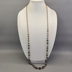 Vintage Glass Beaded Necklace Yellow Brown Faceted Silver Tone Caps 44″