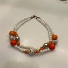 Vintage Double Strand Orange, White & Gold Beaded Necklace 17.5” Long