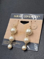 Vintage Sarah Coventry Triple Faux Pearl Drop Dangle Earrings Gold Tone
