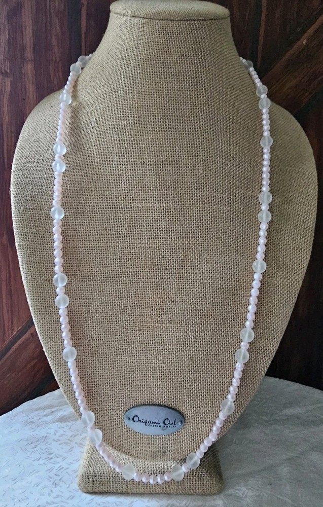 Monet Pink Faux Pearl 5.7mm & Translucent 9.7mm Bead Necklace 36″ Signed Vtg