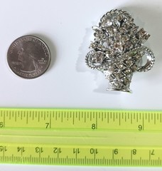 Vintage Bright Silver-tone Flower Basket Brooch w/ Sparkling White Rhinestones