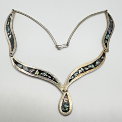 Vintage Mexican Alpaca Abalone Inlay Necklace 17″ Panel Link Drop Pendant