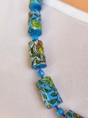 Vintage Blue Polymer Clay Barrel Beads Butterfly Floral Printed Design Necklace